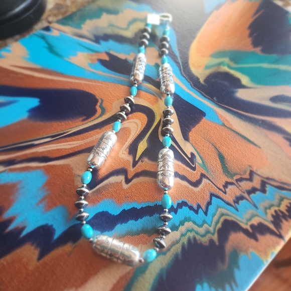 Sterling Silver and Turquoise Beaded Necklace Made In New Mexico 18 Inches - Picture 5 of 10